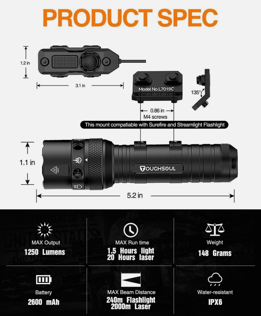 TOUGHSOUL Mlok Green Laser Tactical Flashlight 1250 Lumens with Remote Switch