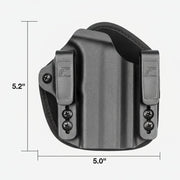 Black holster with measurements on a white background