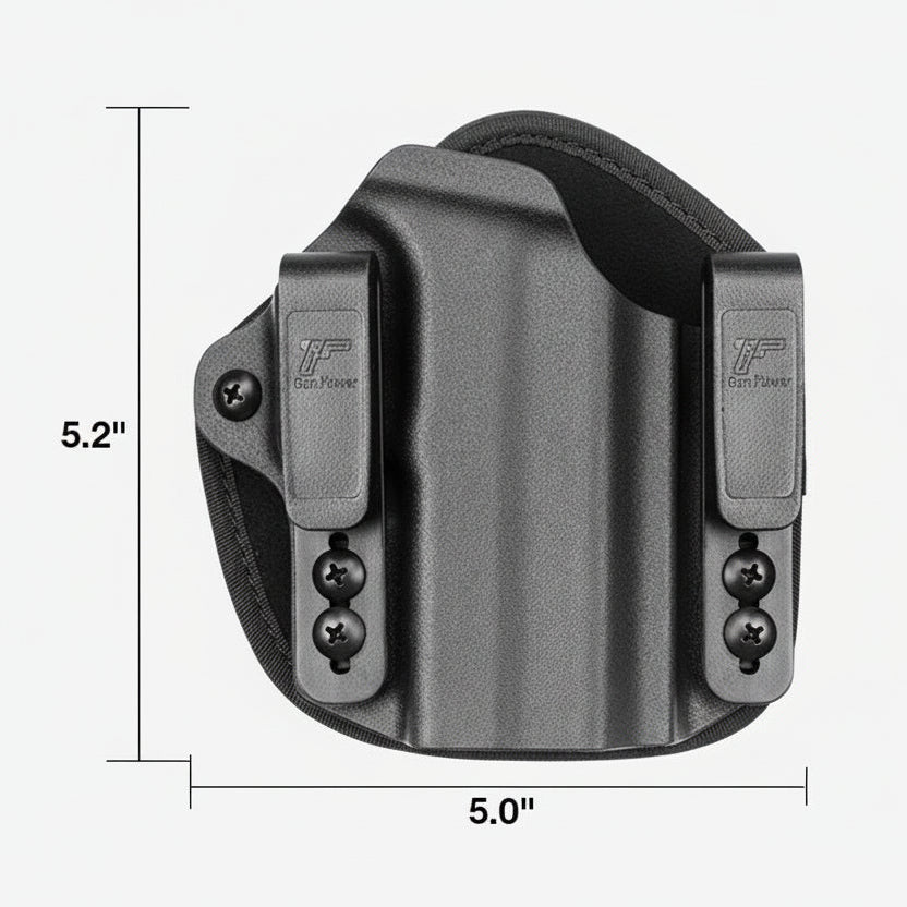 Black holster with measurements on a white background
