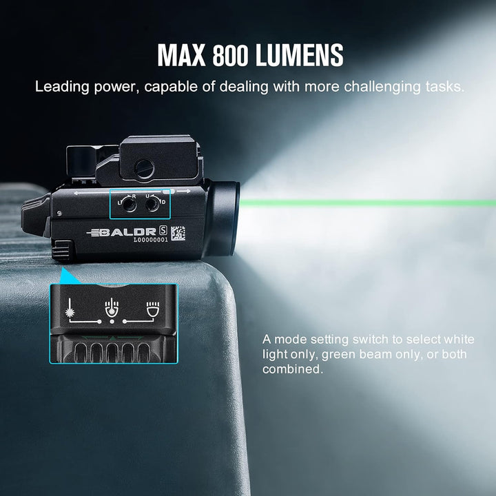 OLIGHT Baldr S 800 Lumens Compact Rail Mount Weaponlight with Green Beam and White LED Combo